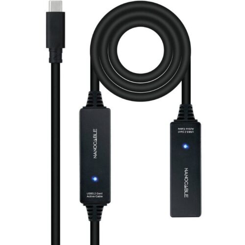 Cable Alargador USB Tipo-C 3.2 con Amplificador Nanocable 10.01.1312/ USB Tipo-C Macho - USB Tipo-C Hembra/ 10m/ Negro