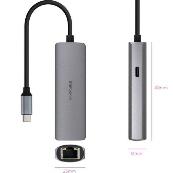Hub USB Tipo-C 3.1 Nanocable 10.16.4603/ 1xUSB Tipo-C PD/ 1xRJ45/ Gris