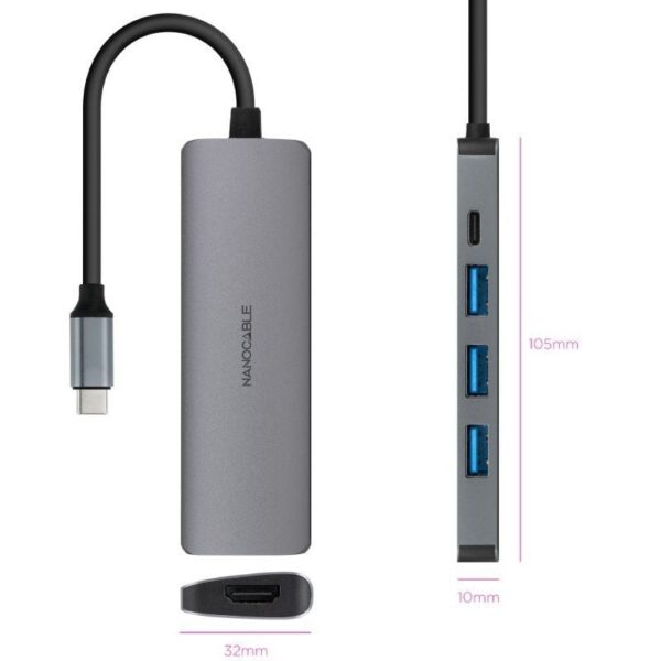 Docking Tipo-C Nanocable 10.16.4605/ 3xUSB/ 1xHDMI 4K/ 1xUSB Tipo-C PD/ Gris