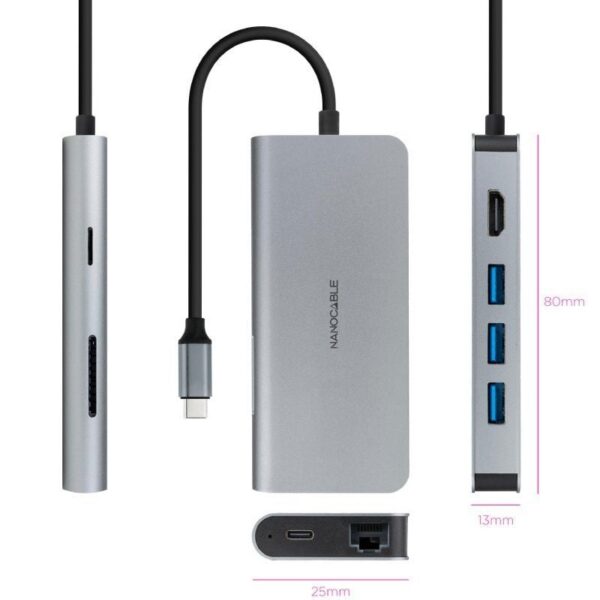 Docking Tipo-C Nanocable 10.16.4609/ 3xUSB/ 1xHDMI 4K/ 1xRJ45/ 1xLector tarjetas/ 1xUSB Tipo-C PD/ Gris