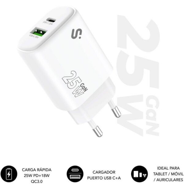 art_sub-carga20subchg-6g2510_1-1 Cargador GaN SUBBLIM 25W Doble Puerto USB-C + USB-A para Tablets y Móviles