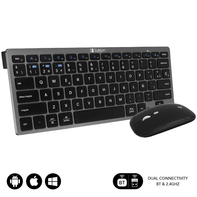 Teclado y Ratón Inalámbrico Subblim OCO020 - Combo Multidispositivo Compacto y Silencioso (Gris)