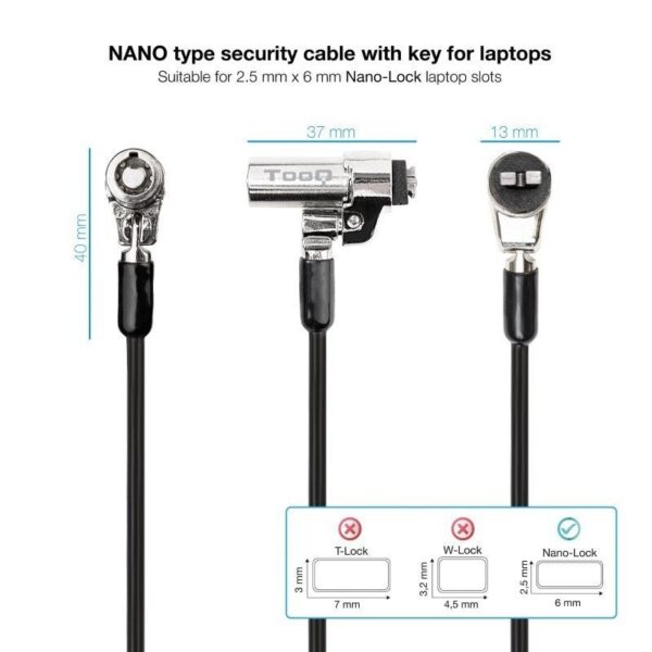Cable de Seguridad Nano para Portátiles TooQ - 1.5m - Bloqueo con Llave
