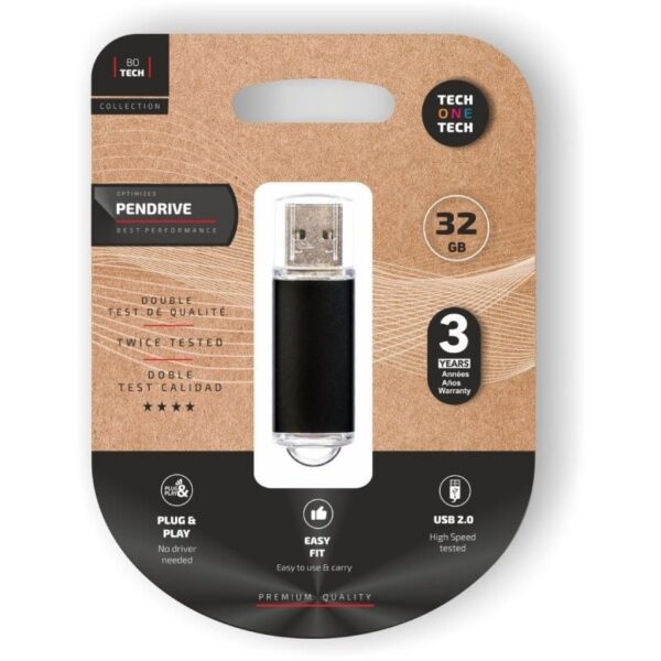 Pendrive 32GB Tech One USB 2.0 - Negro, Memoria Rápida y Duradera