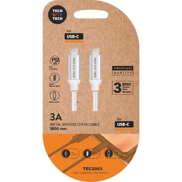 Cable USB-C a USB-C Tech One - 1m, Blanco - Carga Rápida y Datos