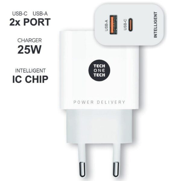 Cargador de Pared Tech One TEC2267 - 25W PD con USB-C y USB-A - Blanco