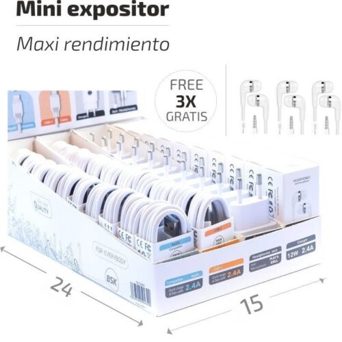 Expositor Auriculares BSK Tech One - 10 Auriculares, 20 Cables y 10 Cargadores