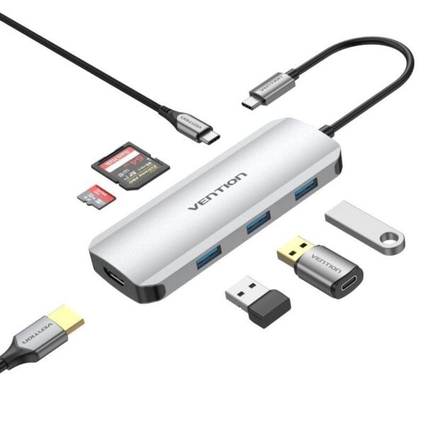 Docking USB-C 7 en 1 Vention TOJHB - 4K HDMI, 3xUSB, Lector Tarjetas, 100W PD