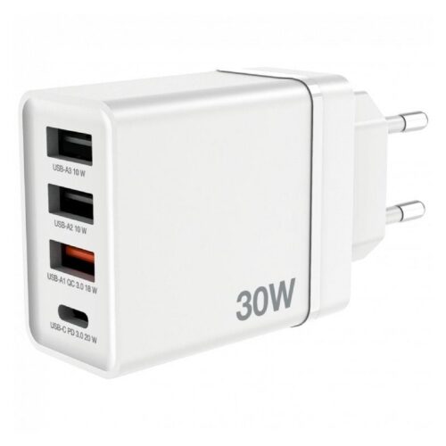 Cargador de Pared GaN Verbatim 30W - 4 Puertos (USB-C + 3 USB-A) para Móviles, Tablets y Más