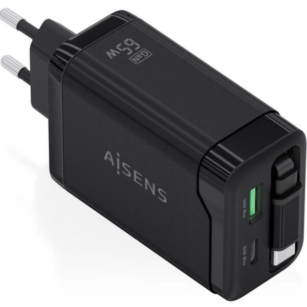 art_ais-carga20asch-65w3p071-bk_1 Cargador de Pared GaN Aisens ASCH-65W3P071-BK/ 1xUSB Tipo-C/ 1xUSB/ 65W/ Negro