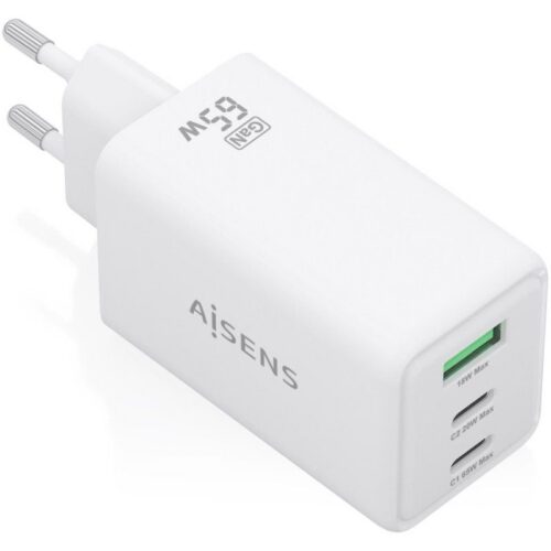 Cargador de Pared GaN Aisens ASCH-65W3P072-W/ 2xUSB Tipo-C/ 1xUSB/ 65W/ Blanco