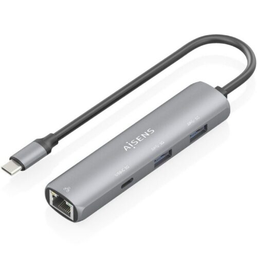 Hub USB Tipo-C Aisens ASUC-4P038-GR/ 1xUSB Tipo-C/ 2xUSB/ 1xRJ45/ Gris
