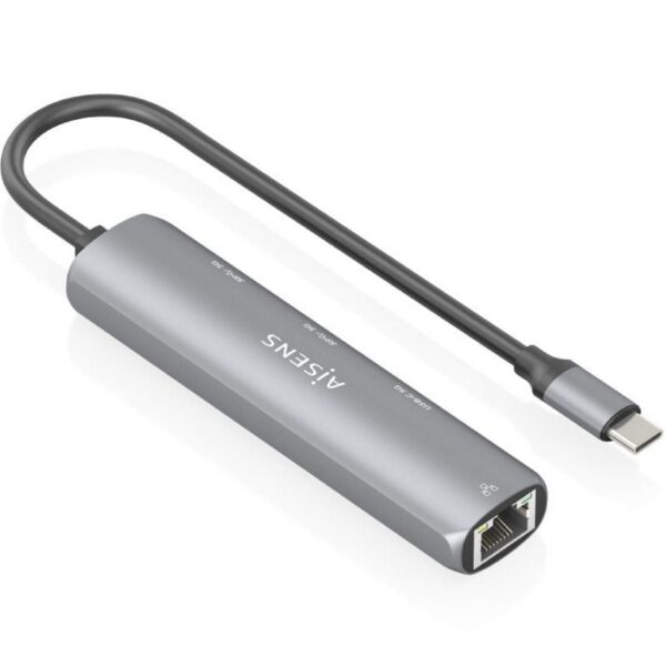 Hub USB Tipo-C Aisens ASUC-4P038-GR/ 1xUSB Tipo-C/ 2xUSB/ 1xRJ45/ Gris