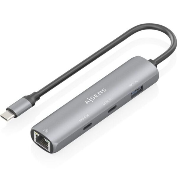 Hub USB Tipo-C Aisens ASUC-4P040-GR/ 2xUSB Tipo-C/ 1xUSB/ 1xRJ45/ Gris