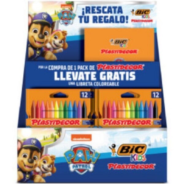 Expositor BIC Kids Plastidecor Paw Patrol - 24 Packs de 12 Lápices de Cera + 24 Cuadernos