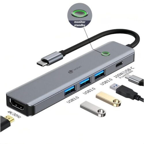 art_leo-dock20leds05_1 Docking Station Leotec 5 en 1 USB-C PD 100W, 3xUSB 3.0, HDMI 4K - Gris
