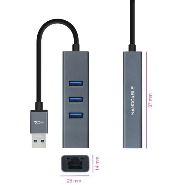 Hub USB 3.0 con Ethernet Gigabit y 3 Puertos USB - 15 cm - Gris
