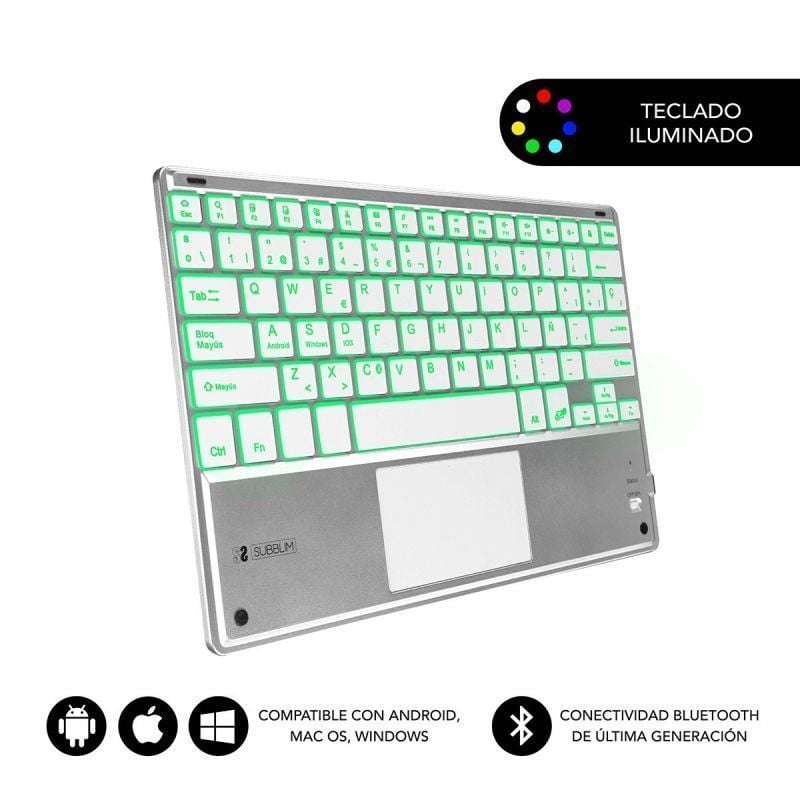 Teclado Inalámbrico Bluetooth Subblim SMBT50 - Plata, Compacto y con Teclas Iluminadas