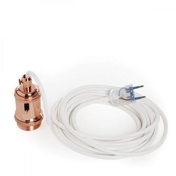 Pendel E27 Cable 5000Mm Blanco 3 X 0,75 Portalámparas Interruptor Rotativo Cobre - Jaula - Enchufe [AM-AT536]