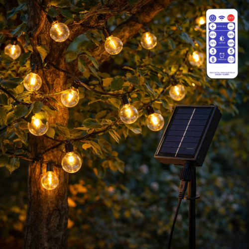 Cadena 25 Bombillas LED G40 2700ºK 9,5M Solar - Panel: 5,5V 1,2W Batería: 3,7V 1200MaH [HO-CAD-25-SOL-WW]