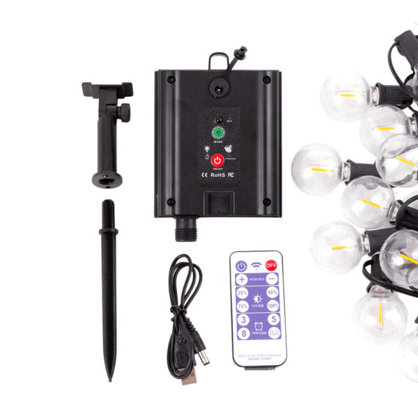 Cadena 25 Bombillas LED G40 2700ºK 9,5M Solar - Panel: 5,5V 1,2W Batería: 3,7V 1200MaH [HO-CAD-25-SOL-WW]