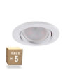 Pack de 5 Bombillas LED GU10 6W 700Lm 6000ºK 40.000H - Aro Downlight Redondo Inclinable "Vepa" Acero 90mm - Blanco