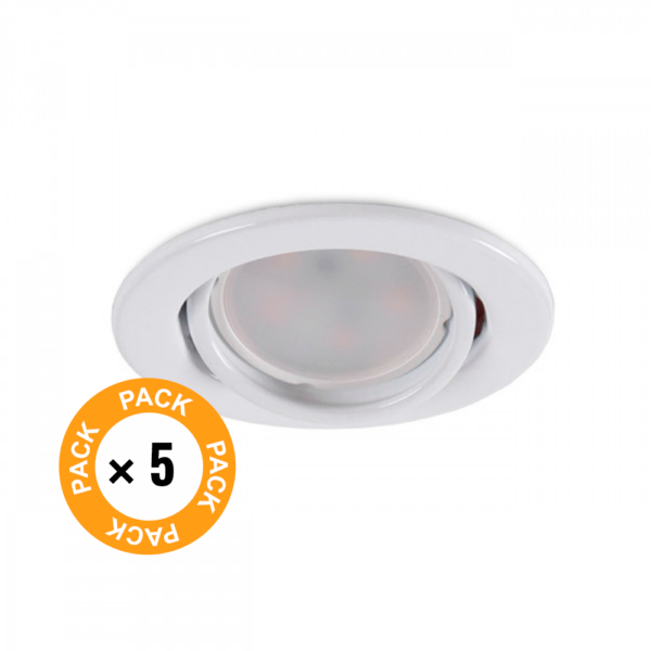 Pack de 5 Bombillas LED GU10 6W 700Lm 6000ºK 40.000H - Aro Downlight Redondo Inclinable "Vepa" Acero 90mm - Blanco