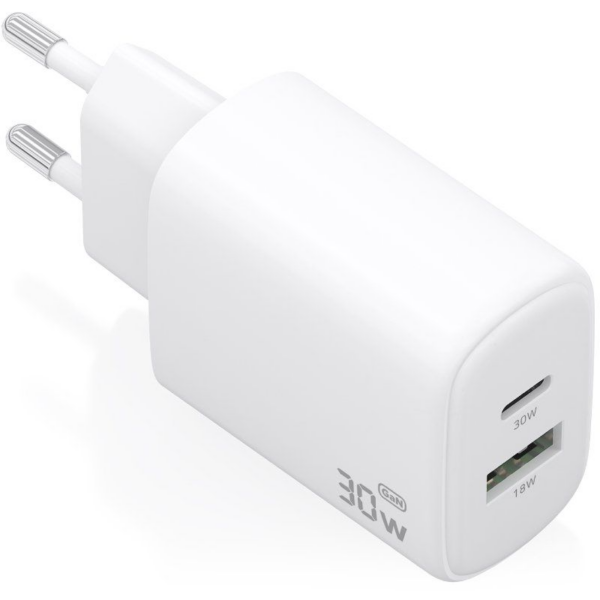 Cargador de Pared GaN Aisens A110-0977/ 1xUSB Tipo-C/ 1xUSB/ 30W/ Blanco