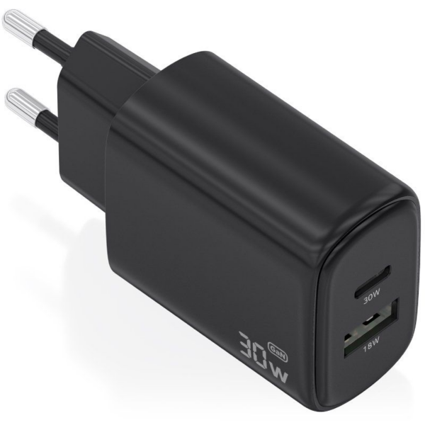 Cargador de Pared GaN Aisens A110-0978/ 1xUSB Tipo-C/ 1xUSB/ 30W/ Negro