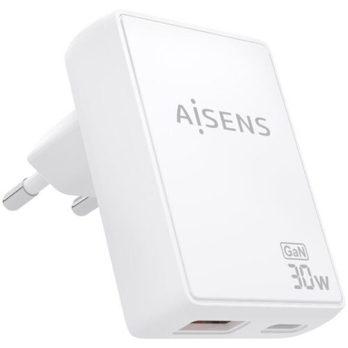 Cargador de Pared GaN Aisens ASCH-30W2P074-W/ 1xUSB Tipo-C/ 1xUSB/ 30W/ Blanco