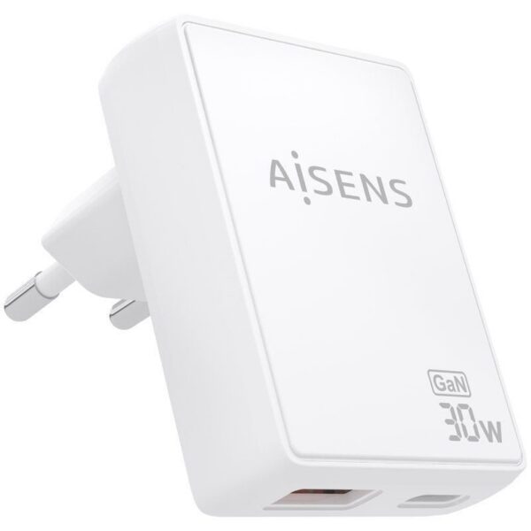 Cargador de Pared GaN Aisens ASCH-30W2P074-W/ 1xUSB Tipo-C/ 1xUSB/ 30W/ Blanco