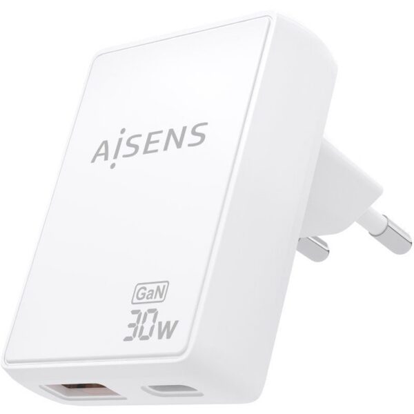 Cargador de Pared GaN Aisens ASCH-30W2P074-W/ 1xUSB Tipo-C/ 1xUSB/ 30W/ Blanco