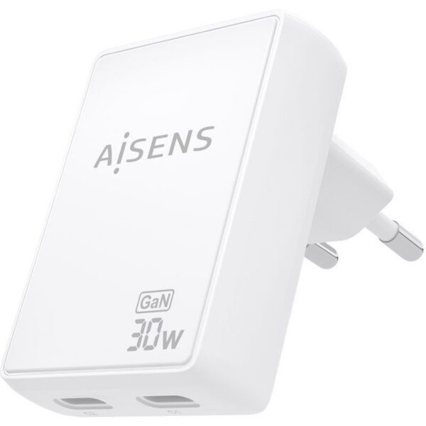 Cargador de Pared GaN Aisens ASCH-30W2P075-W/ 2xUSB Tipo-C/ 30W/ Blanco
