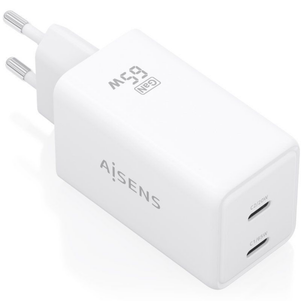 Cargador de Pared GaN Aisens ASCH-65W2P078-W/ 2xUSB Tipo-C/ 65W/ Blanco
