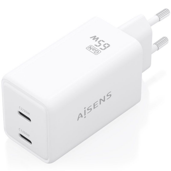 Cargador de Pared GaN Aisens ASCH-65W2P078-W/ 2xUSB Tipo-C/ 65W/ Blanco
