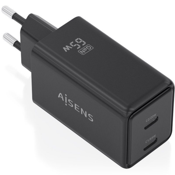 Cargador de Pared GaN Aisens ASCH-65W2P079-BK/ 2xUSB Tipo-C/ 65W/ Negro