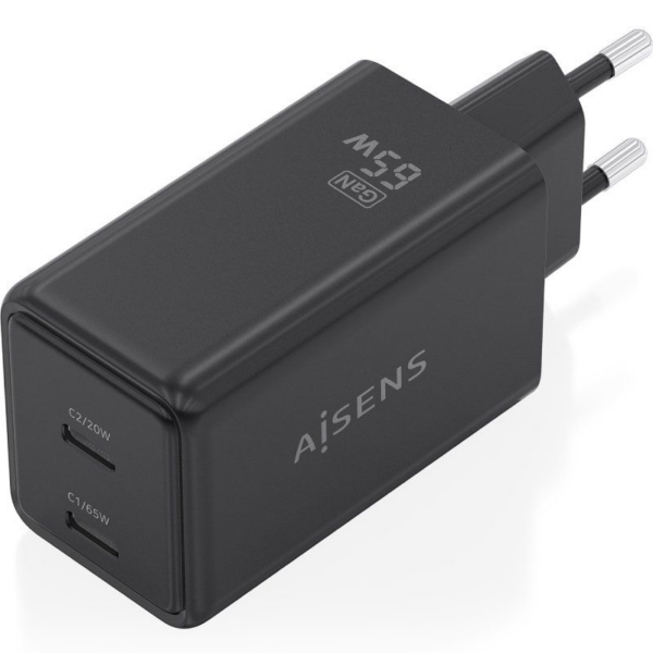 Cargador de Pared GaN Aisens ASCH-65W2P079-BK/ 2xUSB Tipo-C/ 65W/ Negro