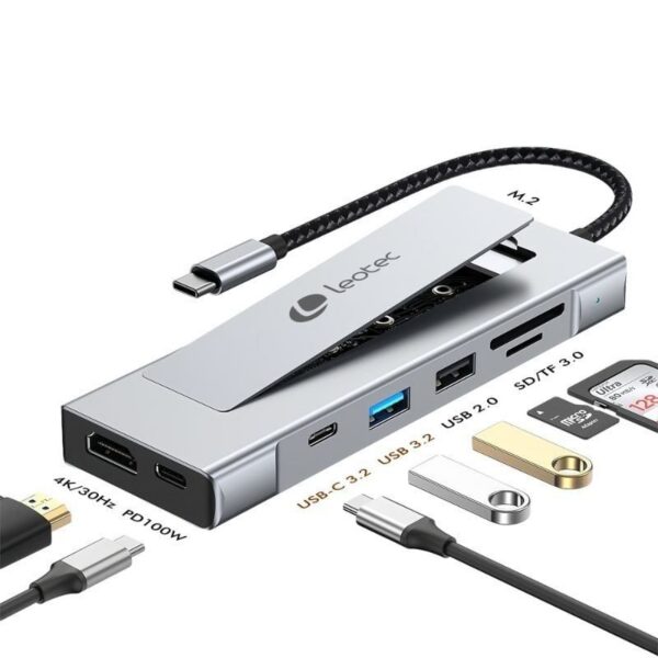 Docking USB Tipo-C Leotec LEDS07/ Ranura SSD M.2/ 2xUSB/ 1xUSB Tipo-C/ 1xHDMI 4K/ 1xLector Tarjetas SD y MicroSD/ 1xUSB Tipo-C PD