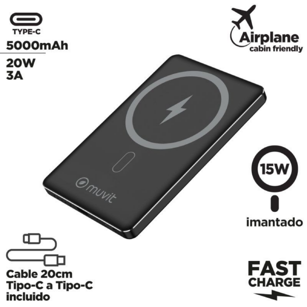 art_muv-bat20mcchp0009_2 Powerbank 5000mAh Muvit For Change MCCHP0009/ 20W/ Wireless/ Negra/ Incluye Cable USB Tipo-C