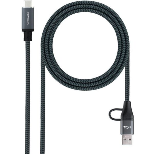 Cable USB 3.2 Tipo-C Nanocable 10.01.4111-COMB/ USB Tipo-C Macho + USB Macho - USB Tipo-C Macho/ Hasta 100W/ 20Gbps/ 1m/ Gris y Negro