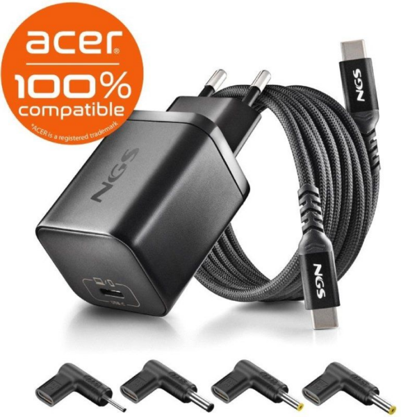 Cargador GaN de Portátil NGS BUD65W-AC para Acer/ 1xUSB Tipo-C/ 65W/ Automático/ 4 Conectores/ Voltaje 5-20V