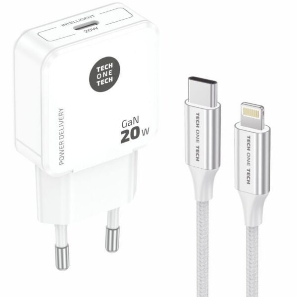 Cargador de Pared Tech One Tech TEC2222/ 1xUSB Tipo-C + Cable Lightning/ 20W/ Blanco