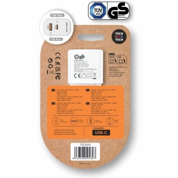 Cargador de Pared Tech One Tech TEC2413/ 1xUSB Tipo-C/ 1xUSB + Cable USB Tipo-C/ 12W/ Blanco