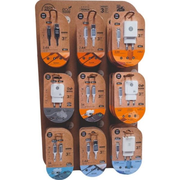 Expositor de Cargadores GaN y Cables Tech One Tech EKO 400903/ 9 ganchos/ Incluye 27 Productos