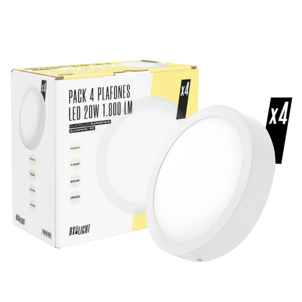 Pack 4 Plafones LED 20W 1.800Lm 6000ºK Superficie 40.000H  [BX3-2011P4-CW]