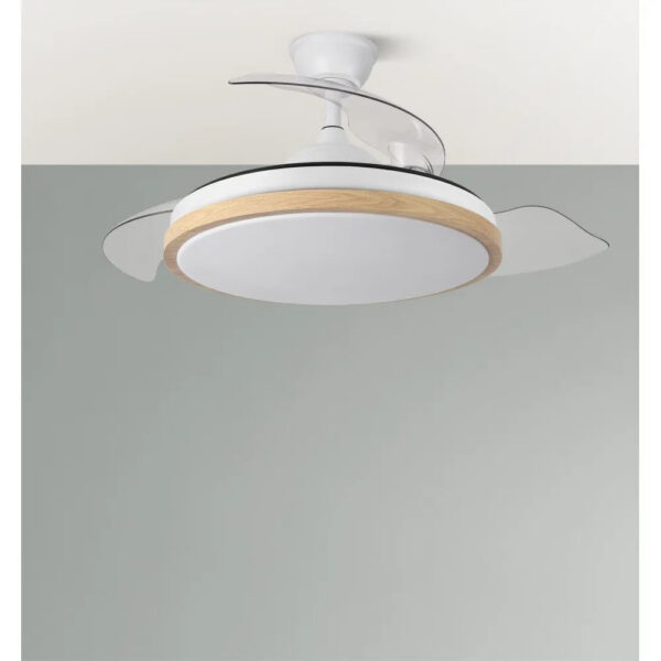 Ventilador DC Evros 59w 6980lm Blanco/Haya 107d 3 Aspas Despegables 3000-4000-6000k Remoto+Reg.Intensidad+Temporizador+Memoria