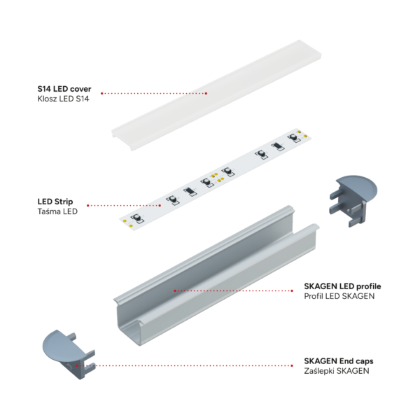 ll_38_0510_20_1 Perfíl Aluminio KIMERA-"SKAGEN" Anodizado Plata con Difusor Opal , Tapones y Clips Sujección 2,02M