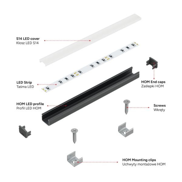 ll_38_0880_20_1 Perfíl Aluminio KIMERA-"HOM" Anodizado Plata con Difusor Opal , Tapones y Clips Sujección 2,02M