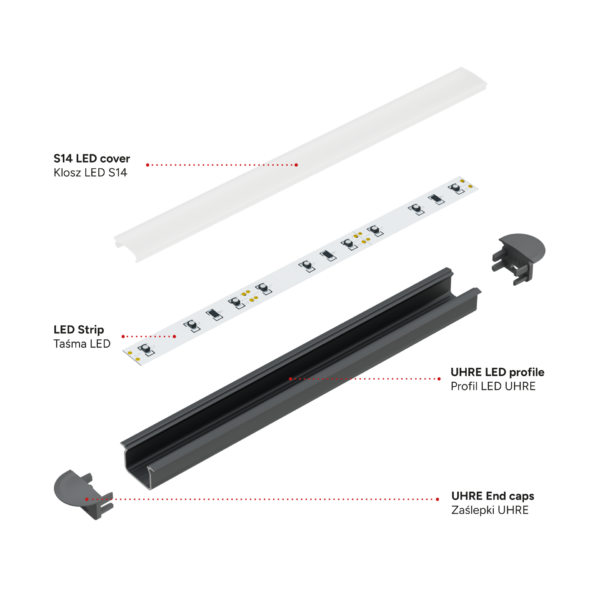 ll_38_0971_20_1 Perfíl Aluminio KIMERA-"UHRE" Anodizado Negro con Difusor Opal , Tapones y Clips Sujección 2,02M