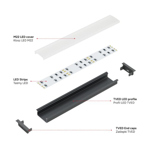 ll_38_1331_20_1 Perfíl Aluminio KIMERA-"TVED" Anodizado Negro con Difusor Opal , Tapones y Clips Sujección 2,02M